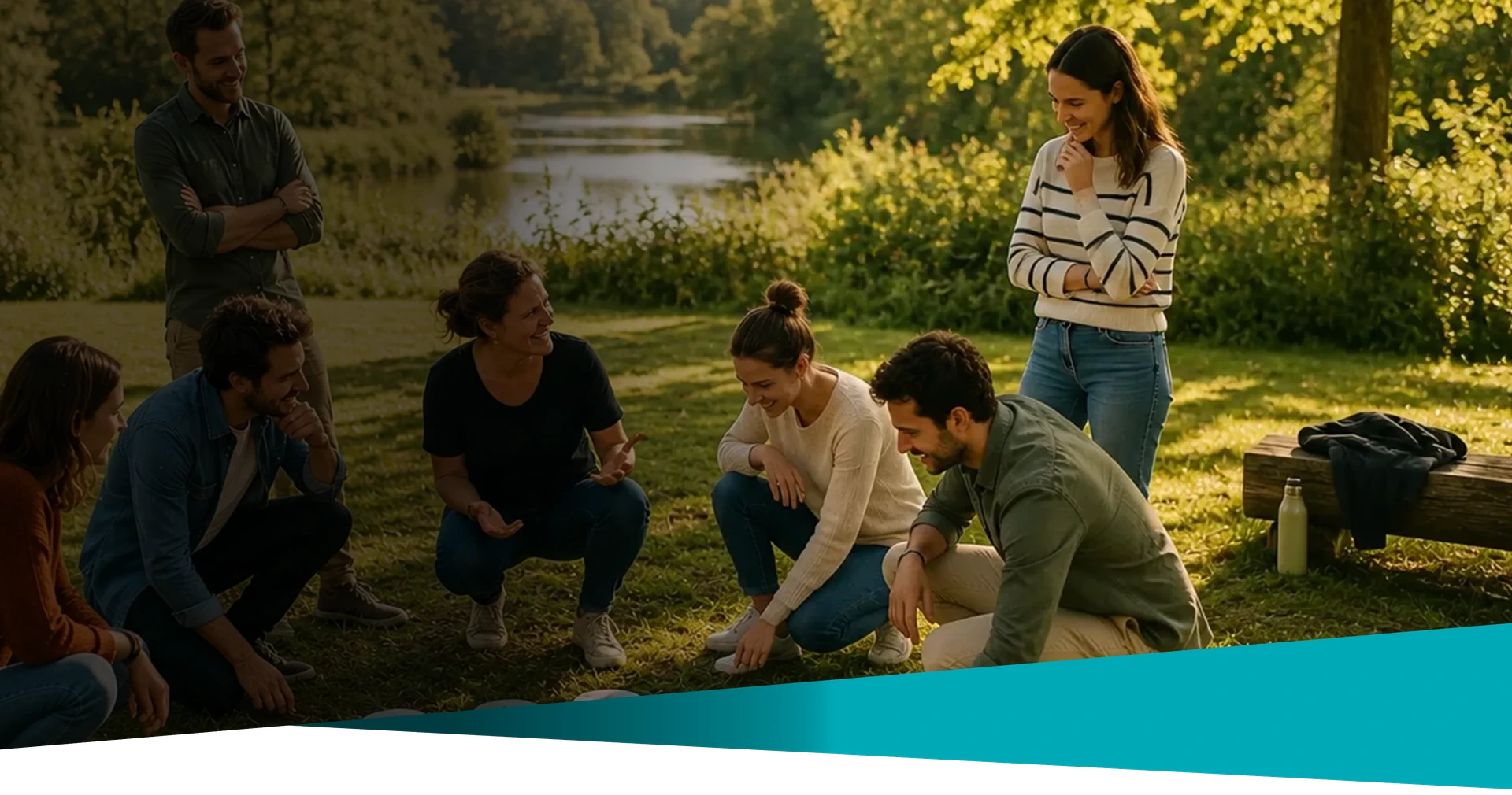 Team in een coaching workshop buiten aan het water